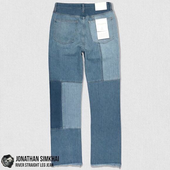 JONATHAN SIMKHAI RIVER STRAIGHT LEG DISTRESSED PATCHWORK JEANS IN INDIGO BLUE 27 - Picture 11 of 16